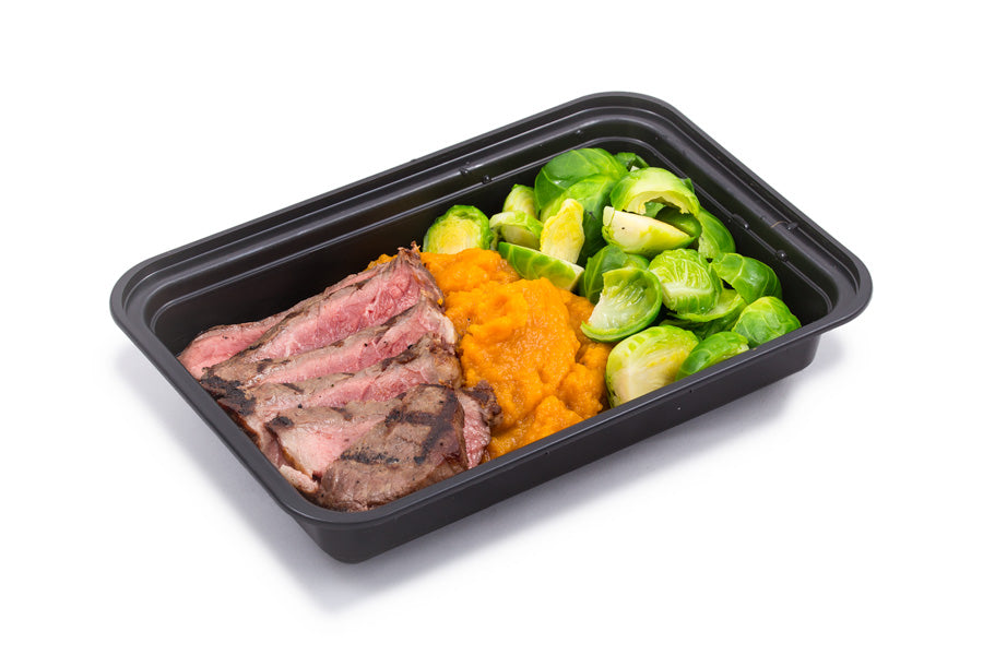 Flank Steak, Plain 6oz, with Zucchini & Squash and Sweet Potatoes + Avocado