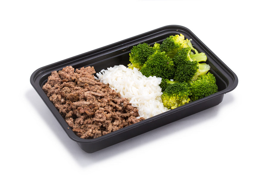 Ground Beef 6oz, Plain with Broccoli and Jasmine Rice + Avocado