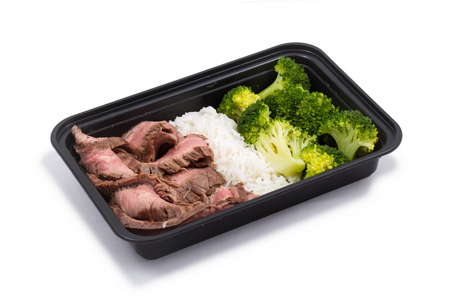 Sliced London Broil, Asian Fusion Seasoned 6oz, with Broccoli and 1/4th Cup Sweet Potatoes